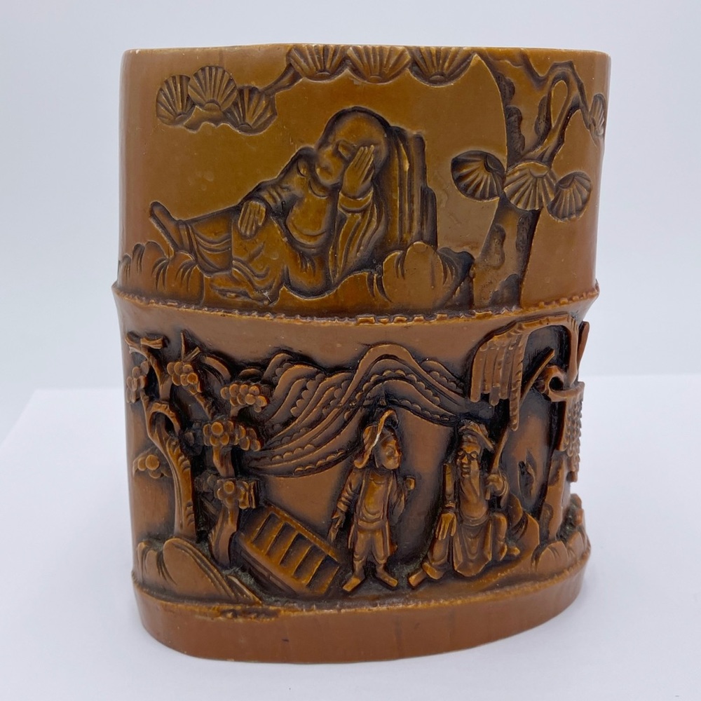 Vintage Carved Faux Bamboo Resin Brush Pencil Holder Pot Asian Design